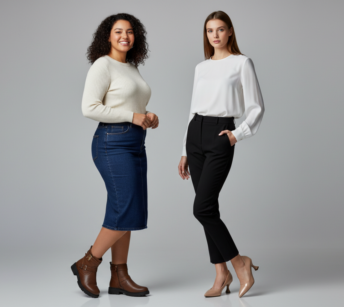 Dos chicas con diferentes constituciones con camiseta blanca pantalones y falda llevando zapatos y botines de talla grande para mujer 
