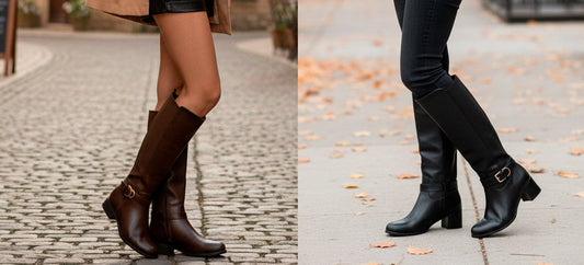 Botas altas de talla grande para mujer una en color marrón y otra en color negra con tacón medio