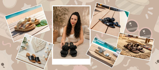 Chica sosteniendo clazado de talla grande para mujer en color negro y collage al fondo con mas calzados