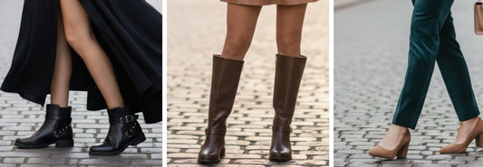 Calzado de talla grande de mujer visto en tres perfiles diferente desde la rodilla, una chica con botines, otra con botas altas y la ultima con zapato de tacon