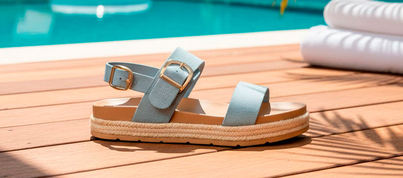 Sandalia denim de talla grande para mujer con pequeña plataforma sobre una tarima de madera y una piscina al fondo
