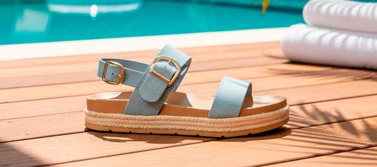 Sandalia denim de talla grande para mujer con pequeña plataforma sobre una tarima de madera y una piscina al fondo
