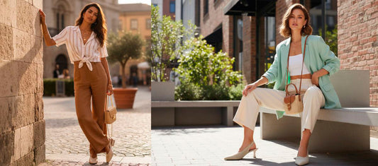 dos chicas llevando zapatos de tallas grande para mujer una de esllas un zapato destalonado en tono crema con tacón y otra de ellas tambien un destalonado pero con tacón bajo de bloque, ambas con looks primaverales