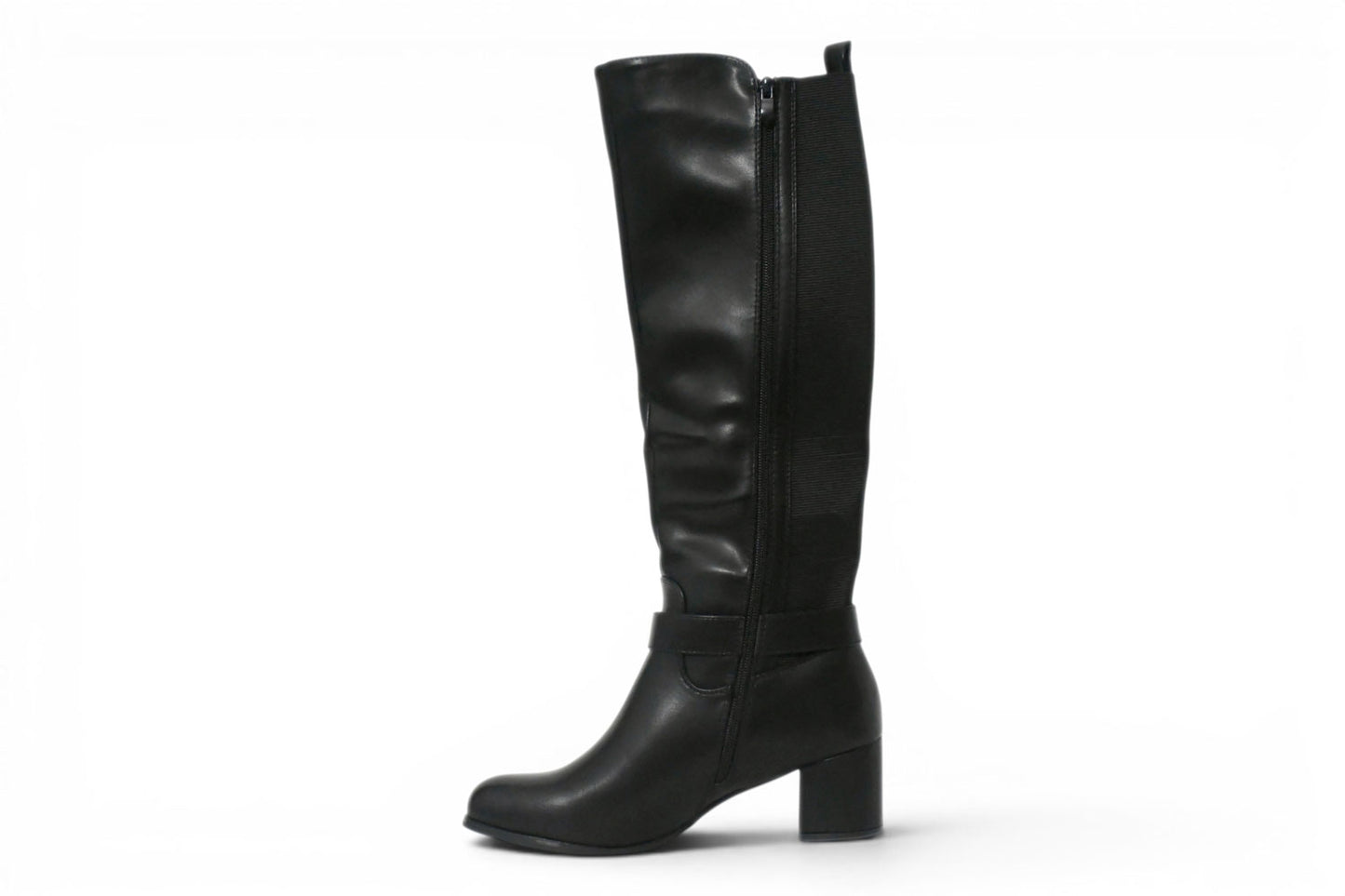 Bota de caña alta de talla grande de mujer en color negro, tacón medio y ancho y cremallera interior.