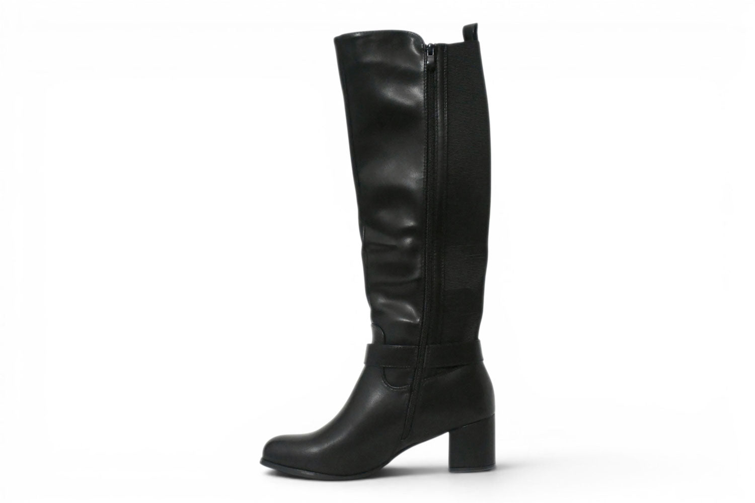 Bota de caña alta de talla grande de mujer en color negro, tacón medio y ancho y cremallera interior.