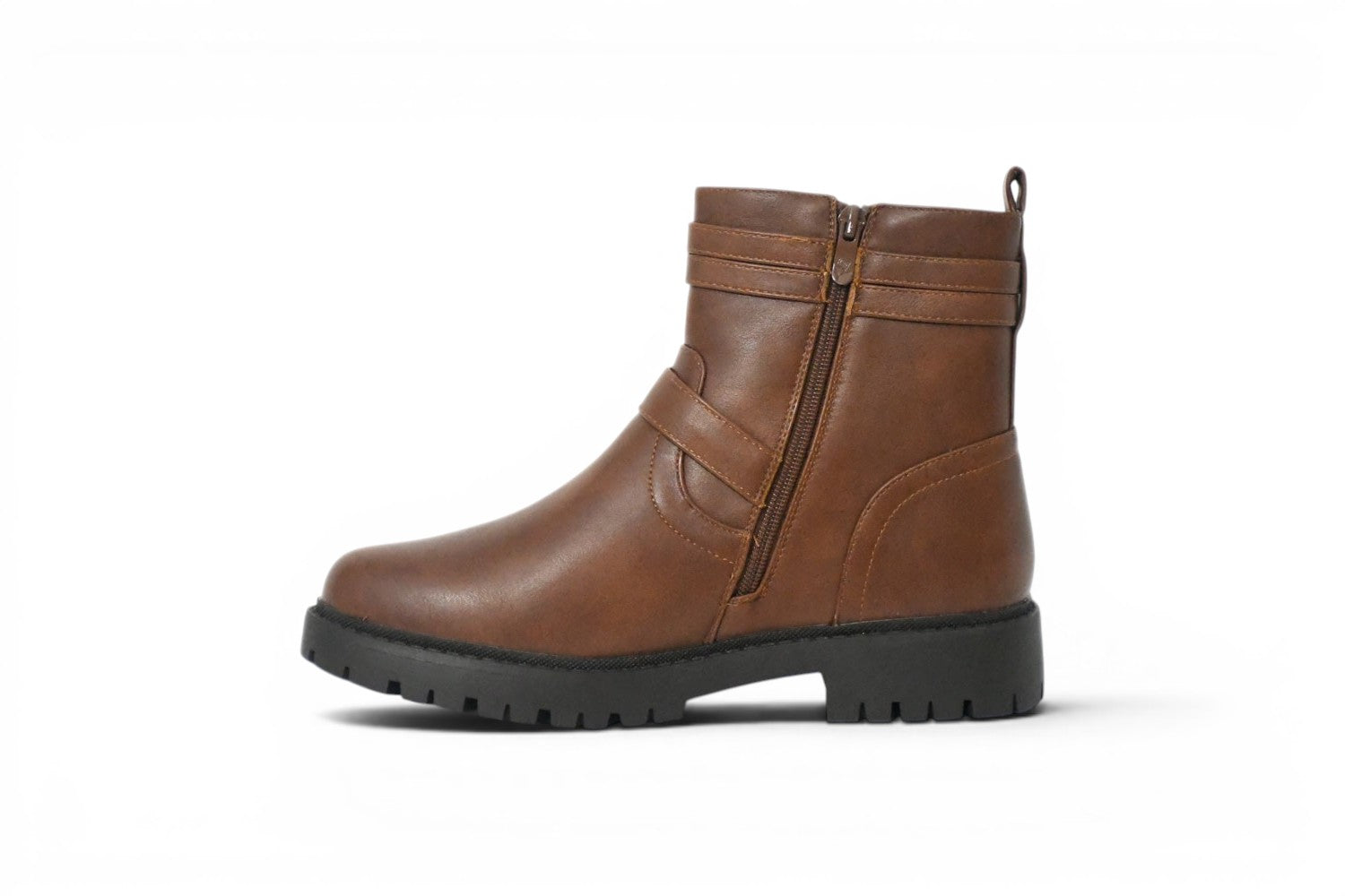 Botín de color marrón Camel de talla grande para mujer con cremallera interior y tacón bajo de dos cm.