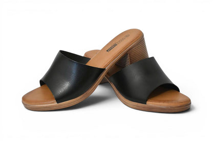 calzado de verano destalonado de color negro y tacón bajo efecto madera de talla grande para mujer