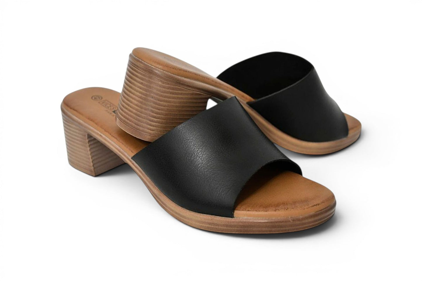 zapato destalonado de verano de olor negro y tacón ancho y bajo de efecto madera de talla grande para mujer