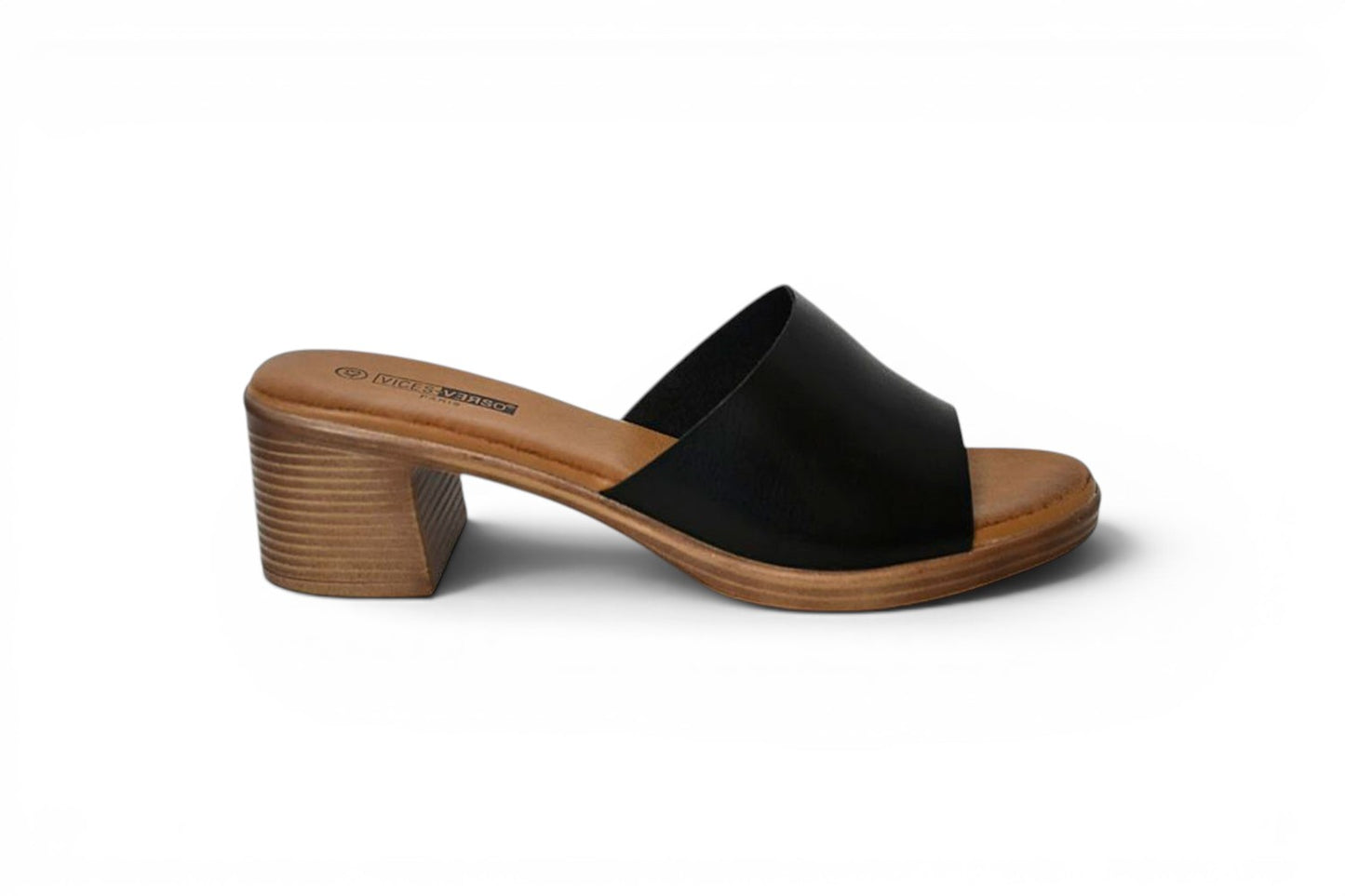 mule de color negro y tacón bajo y ancho efecto madera disponible desde la talla 38 a la 43
